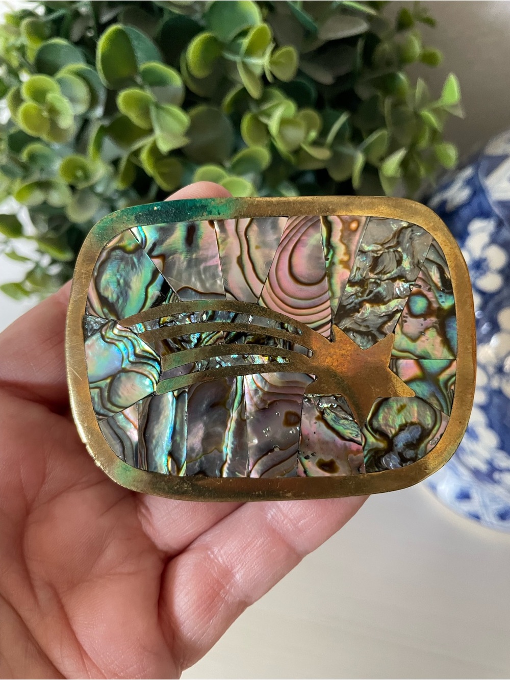 Vintage Alpaca Mexico Brass Abalone Shell Shooting Star Western Belt Buckle